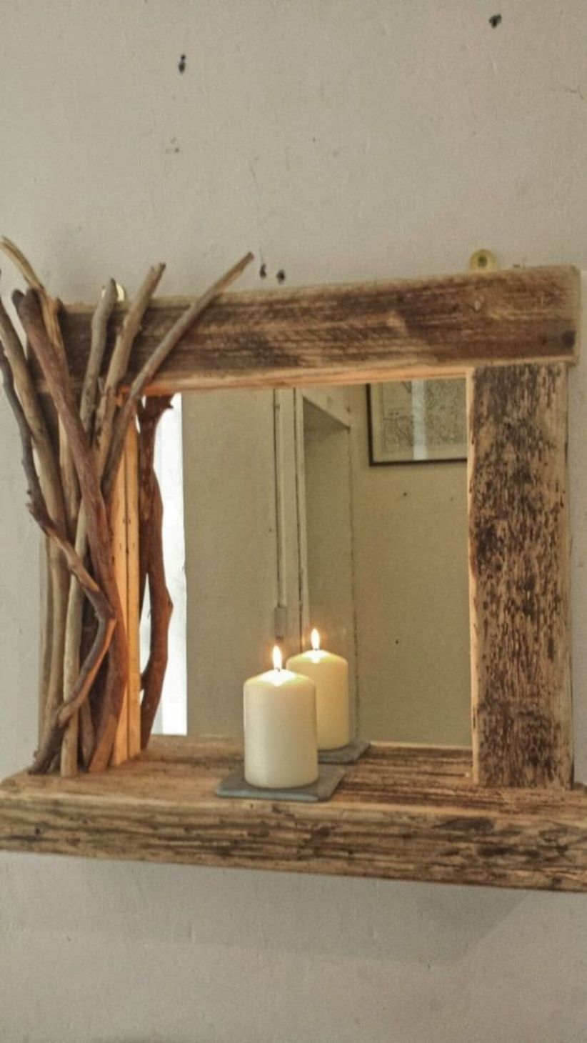 Diy rustic reclaimed driftwood farmhouse mirror with shelf and decorated frame