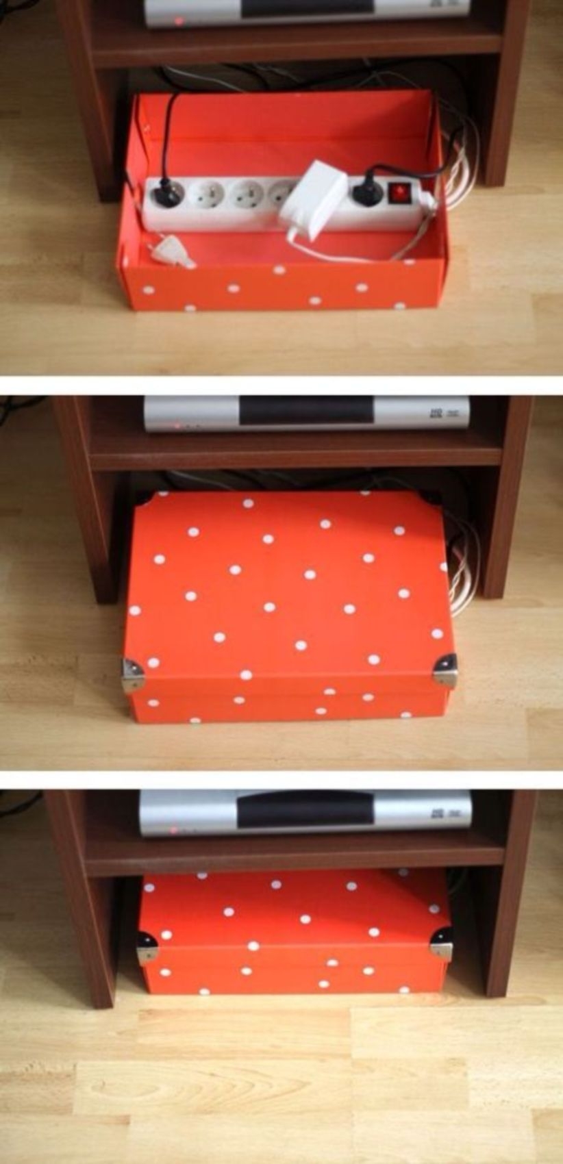 Hide ugly power strip electrical outlet cords in a pretty decorative box