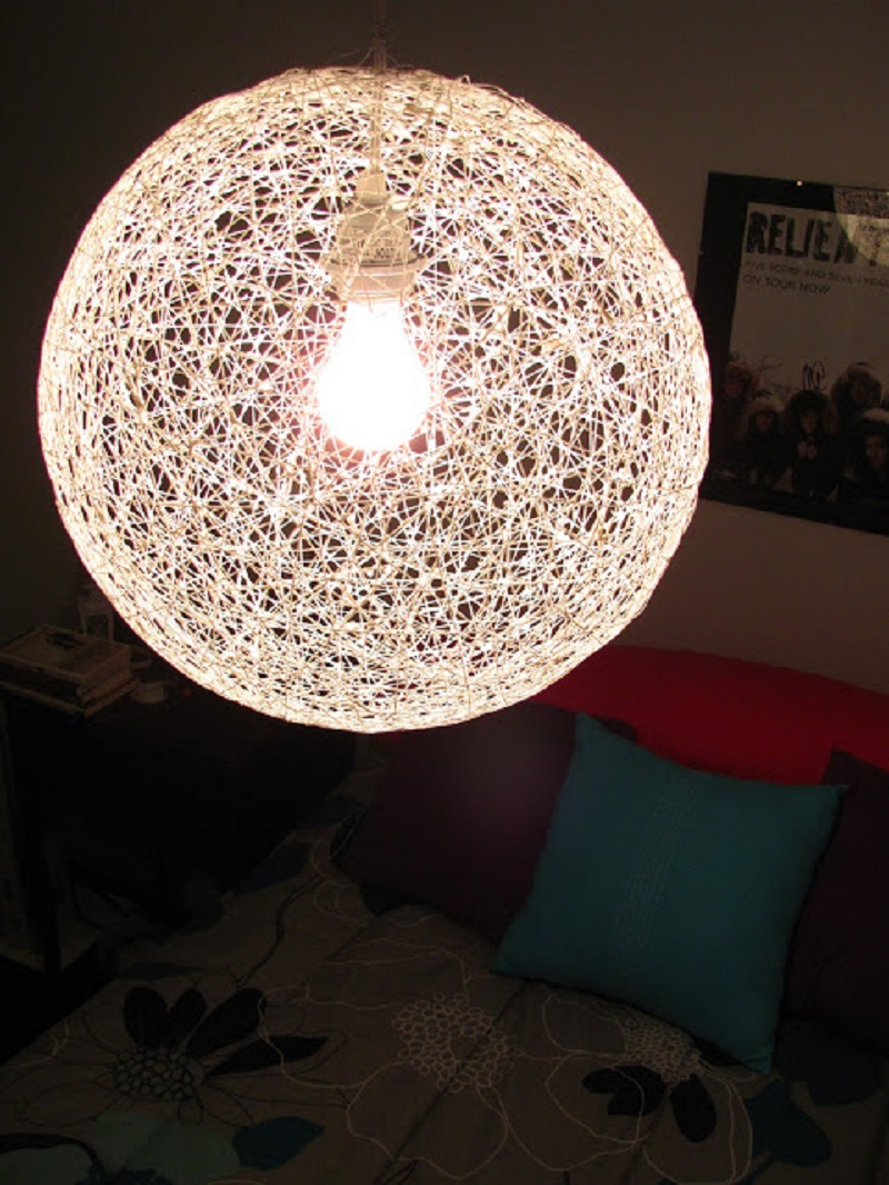 String chandelier from a bouncy ball and yarn