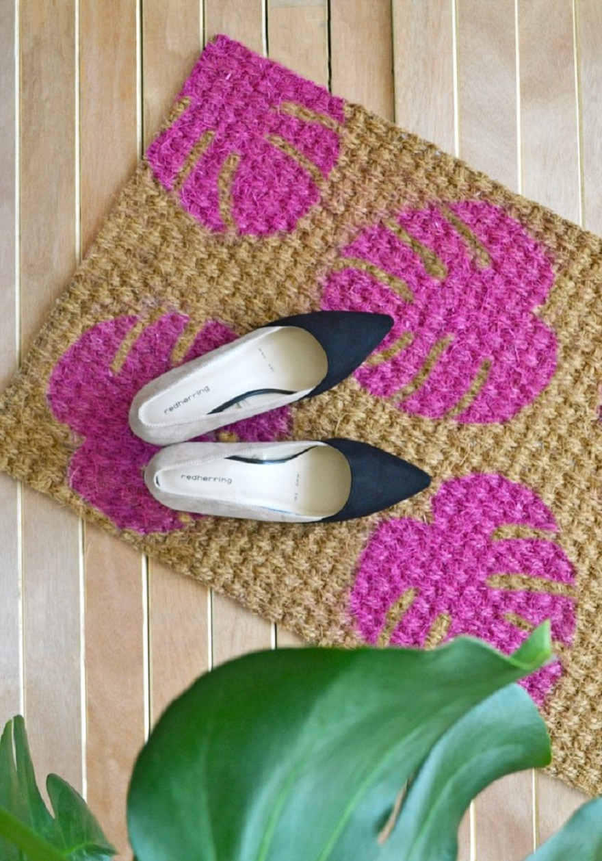 Diy bright pink monstera leaves doormat