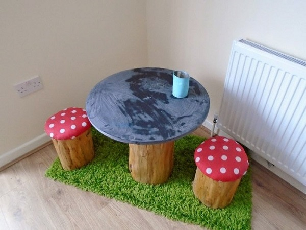 Tree trunk and toadstools table DIY Easy Build Kids Table And Chair Ideas That Not Require Skill Level