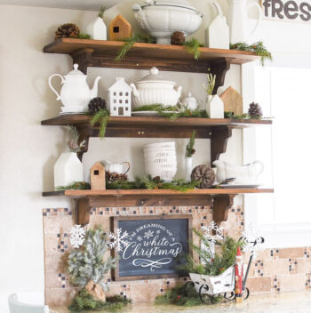 Open kitchen shelving christmas decor