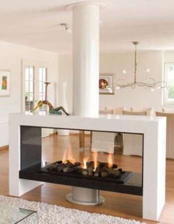 An ethanol fireplace with faux firewood