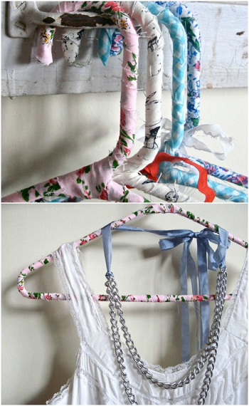 Repurposed sheet into fabric covered hangers Amazing Ways To Repurpose Your Old Bed Sheets
