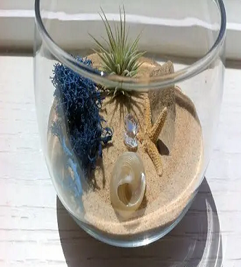 Miniature beach using stemless wine-glass DIY Tabletop Centerpiece Of Succulent In Wine Glasses