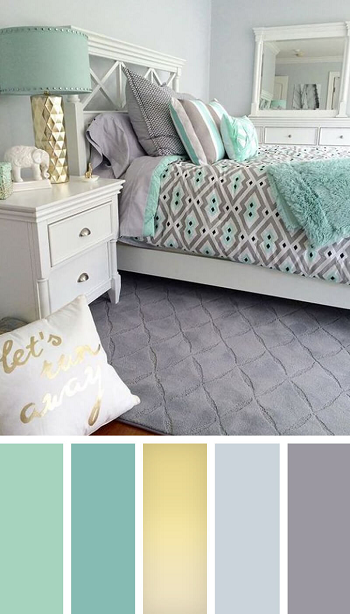 Decorating with cool mint and metallic accents DIY Decorating Bedroom Color Schemes To Upgrade Your Next Bedroom Level.