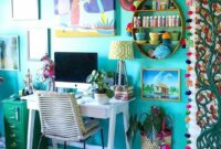 Home office with turquoise accent wall