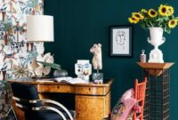 Home office with teal and wallpaper wall